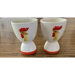 2 Holt Howard Rooster Ceramic Double Coddler Egg Cups Retro Kitchen Decor MCM